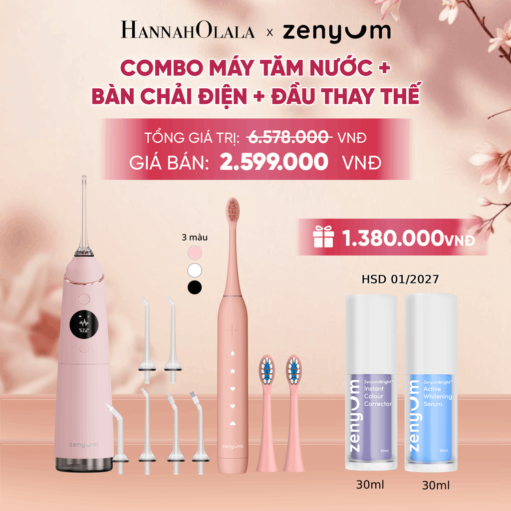  COMBO MÁY TĂM NƯỚC ZENYUM PRO + 6 ĐẦU THAY+ BÀN CHẢI ĐIỆN ZENYUM SONIC 2.0 + 2 ĐẦU THAY ÊM DỊU - A1928 
