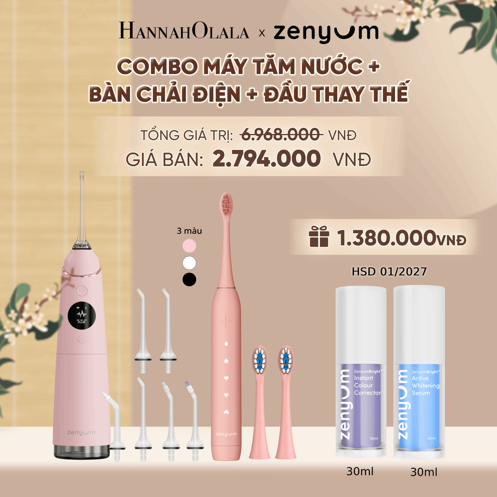  COMBO MÁY TĂM NƯỚC ZENYUM PRO + 6 ĐẦU THAY+ BÀN CHẢI ĐIỆN ZENYUM SONIC 2.0 + 2 ĐẦU THAY ÊM DỊU + SERUM ĐIỀU CHỈNH, LÀM TRẮNG RĂNG - A1744 