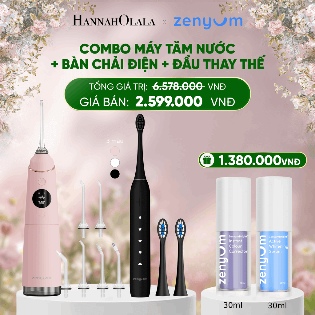  DEAL 3: COMBO MÁY TĂM NƯỚC ZENYUM PRO + 6 ĐẦU THAY+ BÀN CHẢI ĐIỆN ZENYUM SONIC 2.0 + 2 ĐẦU THAY ÊM DỊU 