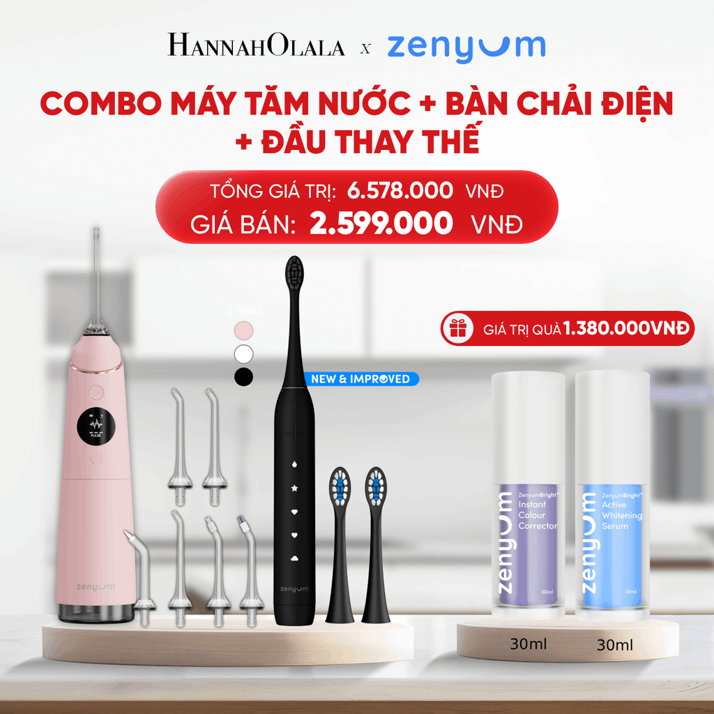  DEAL 3: BỘ MÁY TĂM NƯỚC ZENYUM PRO + 6 ĐẦU THAY+ BÀN CHẢI ĐIỆN ZENYUM SONIC 2.0 + 2 ĐẦU THAY ÊM DỊU 