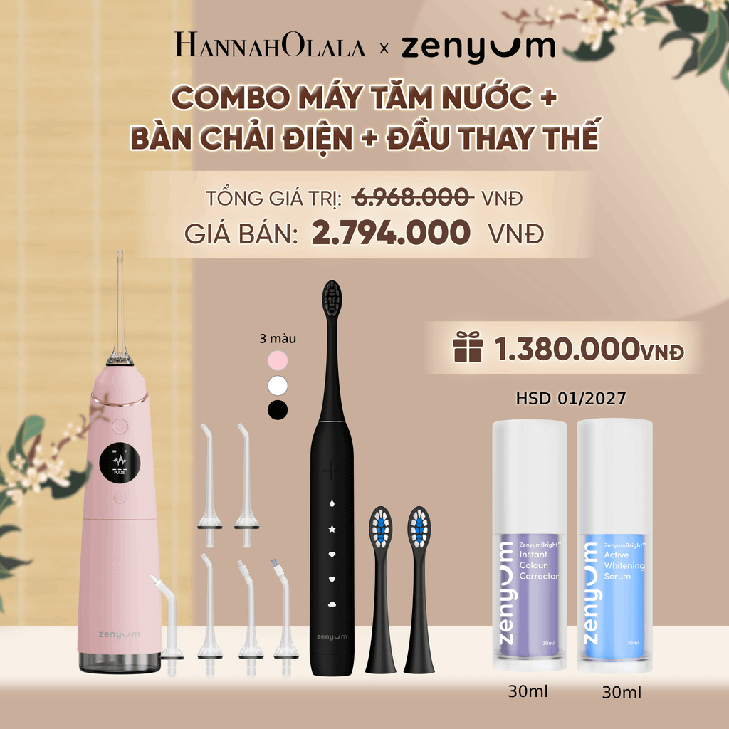  COMBO MÁY TĂM NƯỚC ZENYUM PRO + 6 ĐẦU THAY+ BÀN CHẢI ĐIỆN ZENYUM SONIC 2.0 + 2 ĐẦU THAY ÊM DỊU + SERUM ĐIỀU CHỈNH, LÀM TRẮNG RĂNG - A1744 
