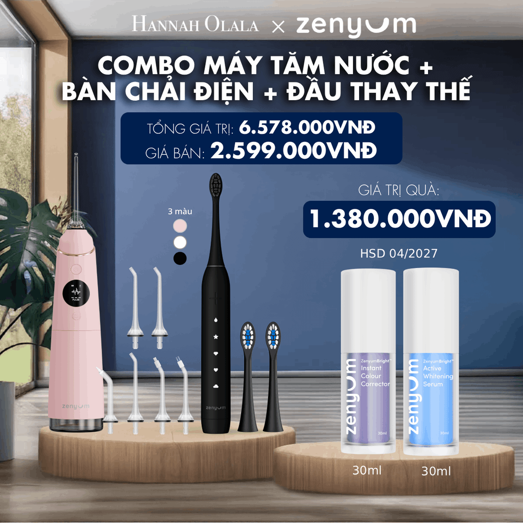  DEAL 3: COMBO MÁY TĂM NƯỚC ZENYUM PRO + 6 ĐẦU THAY+ BÀN CHẢI ĐIỆN ZENYUM SONIC 2.0 + 2 ĐẦU THAY ÊM DỊU 
