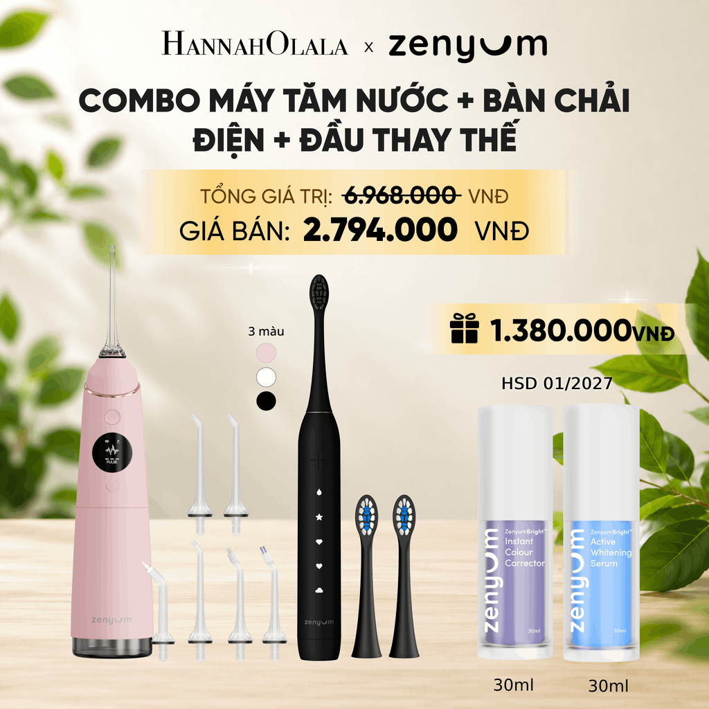  COMBO MÁY TĂM NƯỚC ZENYUM PRO + 6 ĐẦU THAY+ BÀN CHẢI ĐIỆN ZENYUM SONIC 2.0 + 2 ĐẦU THAY ÊM DỊU + SERUM ĐIỀU CHỈNH, LÀM TRẮNG RĂNG 