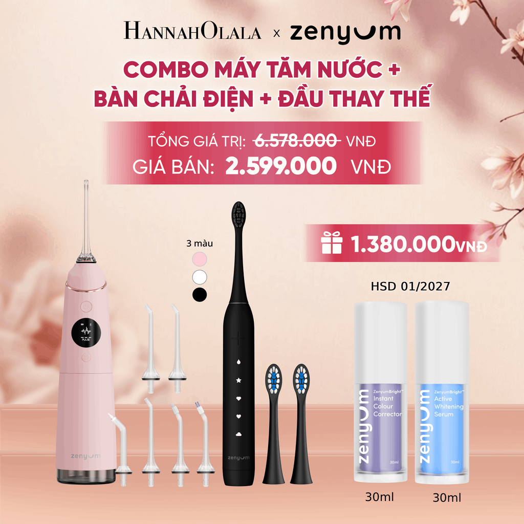  COMBO MÁY TĂM NƯỚC ZENYUM PRO + 6 ĐẦU THAY+ BÀN CHẢI ĐIỆN ZENYUM SONIC 2.0 + 2 ĐẦU THAY ÊM DỊU - A1928 