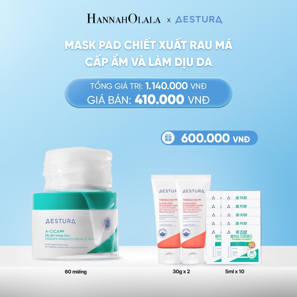  DEAL 4: MASK PAD CHIẾT XUẤT RAU MÁ CẤP ẨM VÀ LÀM DỊU DA AESTURA A-CICA365 RELIEF MASK PAD 60 MIẾNG 
