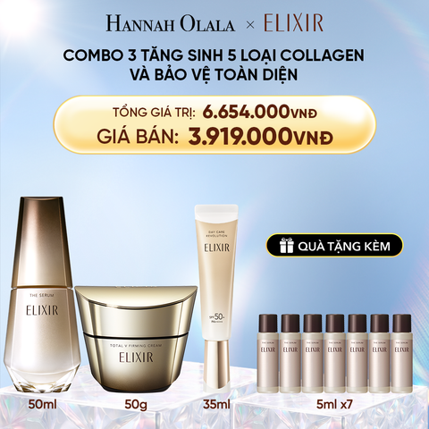  DEAL 42: COMBO SERUM KÍCH HOẠT TRẺ HÓA LÀN DA THE SERUM AA 50ML & KEM DƯỠNG CẢI THIỆN CHẢY XỆ NGĂN NGỪA LÃO HÓA ELIXIR TOTAL V FIRMING CREAM 50G & SỮA CHỐNG NẮNG PHỤC HỒI COLLAGEN ELIXIR DAY CARE REVOLUTION SPF50+ 35ML 