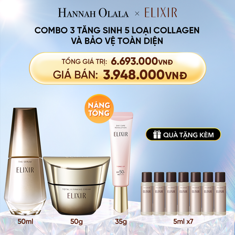 DEAL 43: COMBO SERUM KÍCH HOẠT TRẺ HÓA LÀN DA THE SERUM AA 50ML & KEM DƯỠNG CẢI THIỆN CHẢY XỆ NGĂN NGỪA LÃO HÓA ELIXIR TOTAL V FIRMING CREAM 50G & SỮA CHỐNG NẮNG NÂNG TÔNG ELIXIR DAY CARE REVOLUTION TONE UP 35ML 