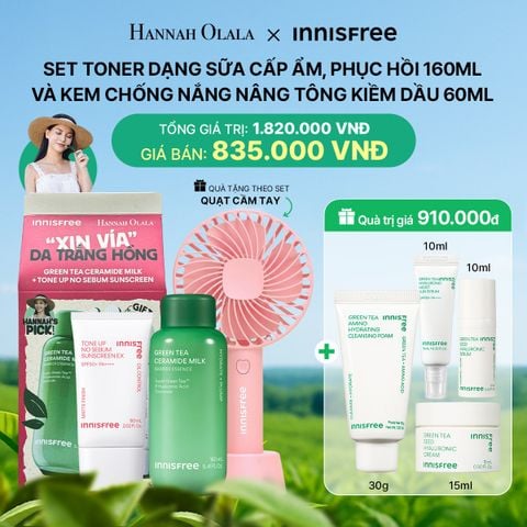  DEAL 3: SET TONER DẠNG SỮA CẤP ẨM, PHỤC HỒI INNISFREE GREEN TEA CERAMIDE MILK 160ML VÀ KEM CHỐNG NẮNG NÂNG TÔNG KIỀM DẦU INNISFREE TONE UP NO SEBUM EX SPF 50+ PA++++ 60 ML 