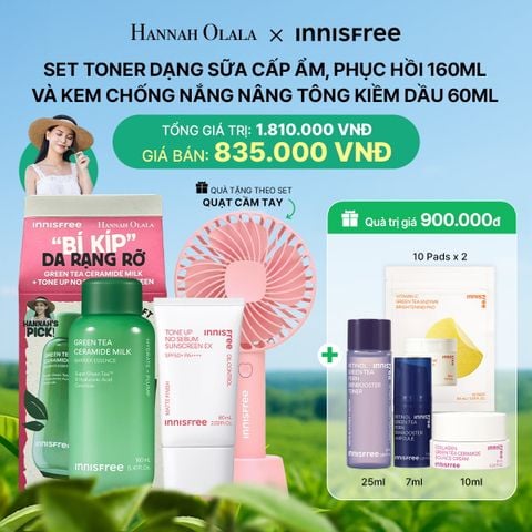  DEAL 3: SET TONER DẠNG SỮA CẤP ẨM, PHỤC HỒI INNISFREE GREEN TEA CERAMIDE MILK 160ML VÀ KEM CHỐNG NẮNG NÂNG TÔNG KIỀM DẦU INNISFREE TONE UP NO SEBUM EX SPF 50+ PA++++ 60 ML 