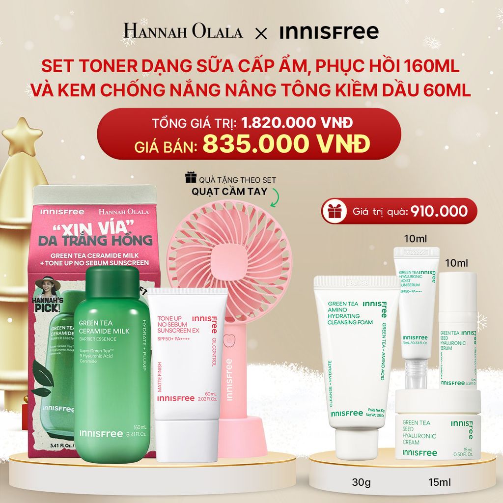  DEAL 3: SET TONER DẠNG SỮA CẤP ẨM, PHỤC HỒI INNISFREE GREEN TEA CERAMIDE MILK 160ML VÀ KEM CHỐNG NẮNG NÂNG TÔNG KIỀM DẦU INNISFREE TONE UP NO SEBUM EX SPF 50+ PA++++ 60 ML 