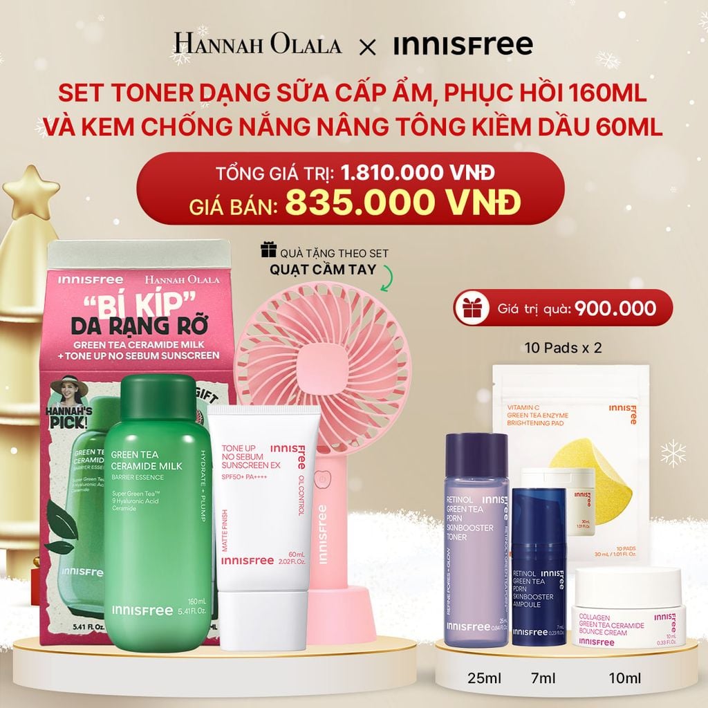  DEAL 3: SET TONER DẠNG SỮA CẤP ẨM, PHỤC HỒI INNISFREE GREEN TEA CERAMIDE MILK 160ML VÀ KEM CHỐNG NẮNG NÂNG TÔNG KIỀM DẦU INNISFREE TONE UP NO SEBUM EX SPF 50+ PA++++ 60 ML 