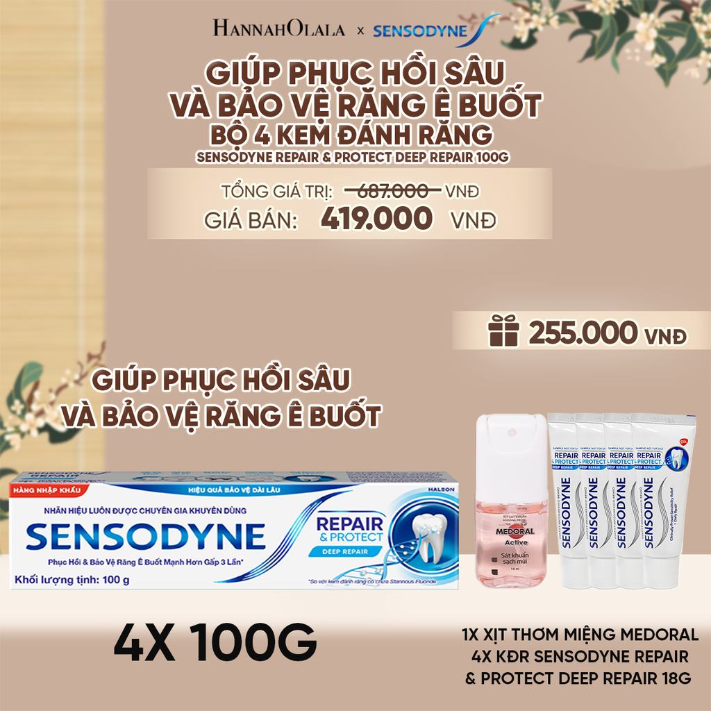  BỘ 4 KEM ĐÁNH RĂNG SENSODYNE REPAIR & PROTECT DEEP REPAIR 100G GIÚP PHỤC HỒI SÂU VÀ BẢO VỆ RĂNG Ê BUỐT - A2631 