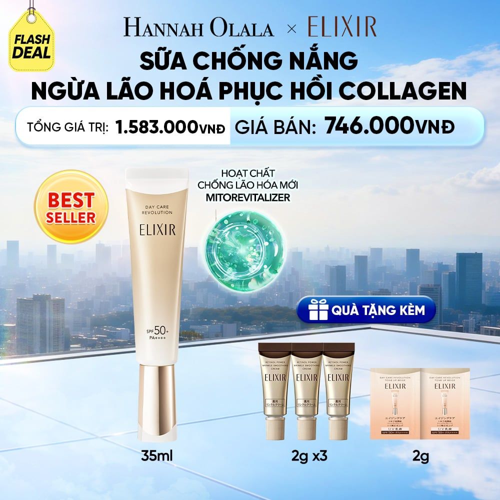  [THẾ HỆ MỚI] KEM CHỐNG NẮNG DẠNG SỮA PHỤC HỒI COLLAGEN TỪ CẤP ĐỘ TẾ BÀO ELIXIR DAY CARE REVOLUTION SPF50+ 35ML - DEAL 4 