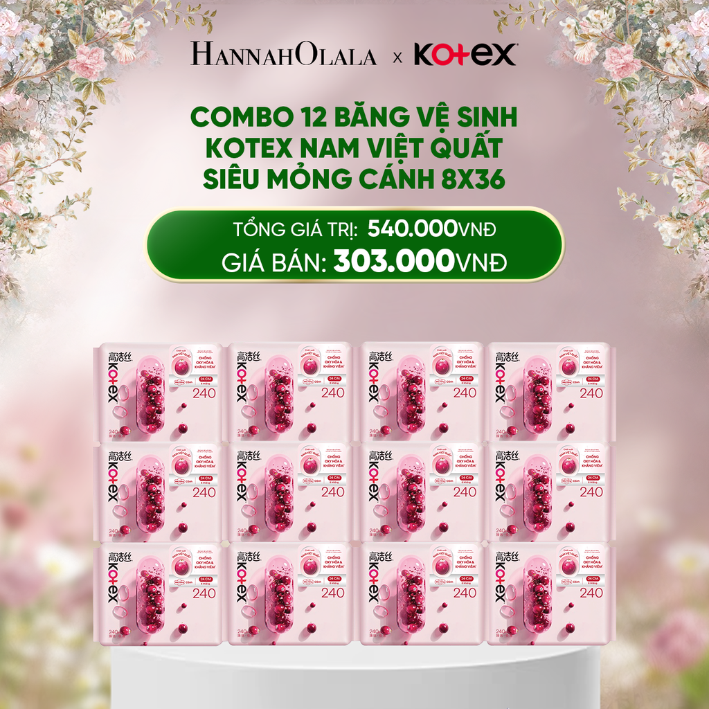  E1002_DEAL 4: COMBO 12 BĂNG VỆ SINH KOTEX NAM VIỆT QUẤT SIÊU MỎNG CÁNH 8X36 