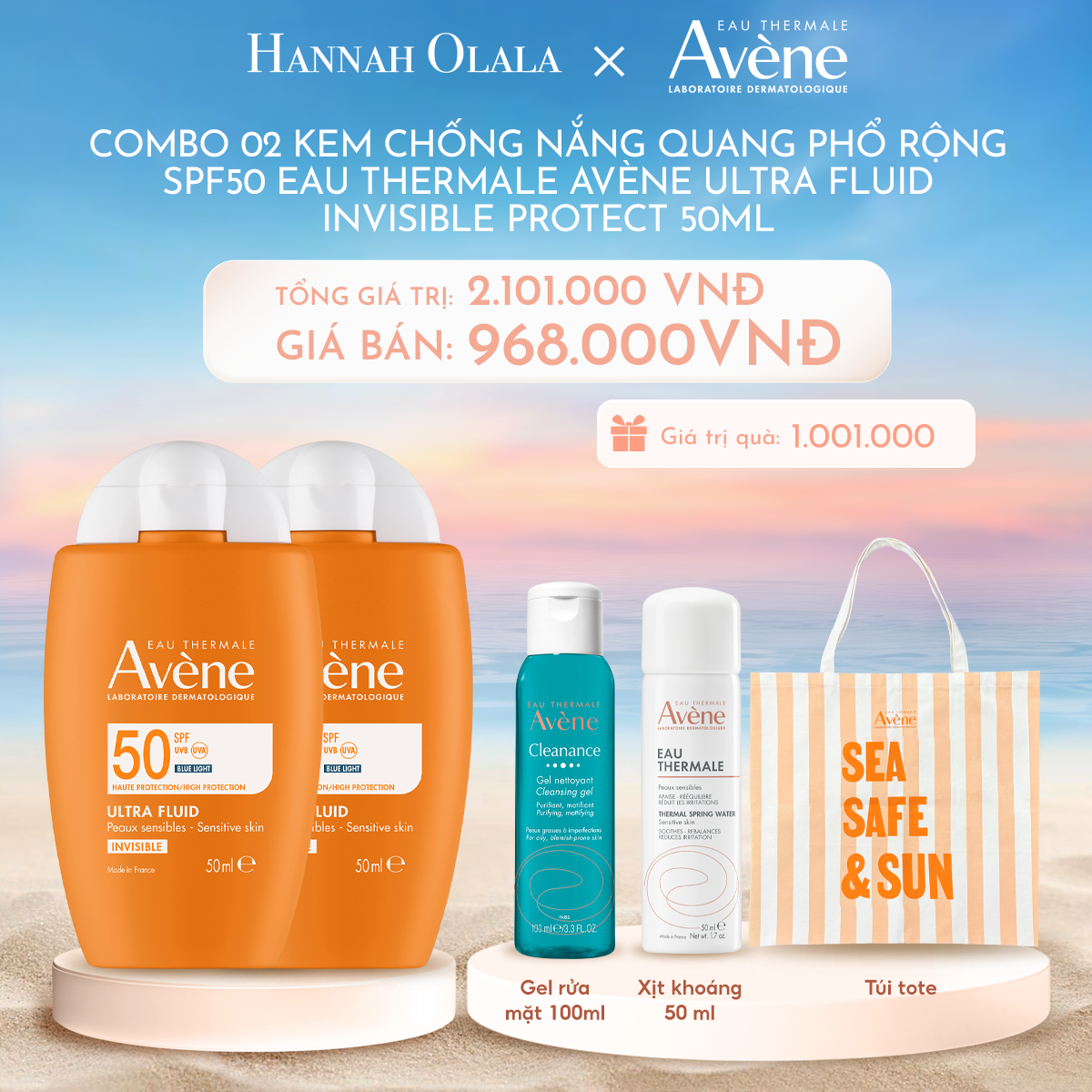  C842_DEAL 4: COMBO 02 KEM CHỐNG NẮNG QUANG PHỔ RỘNG SPF50 EAU THERMALE AVÈNE ULTRA FLUID INVISIBLE PROTECT 50ML CHO DA THƯỜNG, DA HỖN HỢP NHẠY CẢM 