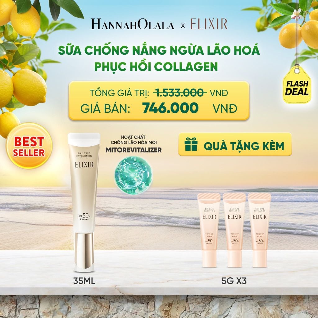  [THẾ HỆ MỚI] KEM CHỐNG NẮNG DẠNG SỮA PHỤC HỒI COLLAGEN TỪ CẤP ĐỘ TẾ BÀO ELIXIR DAY CARE REVOLUTION SPF50+ 35ML - DEAL 4 