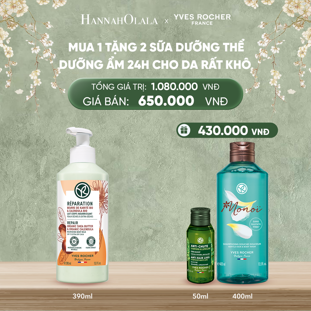  DEAL 4: MUA 1 TẶNG 2 SỮA DƯỠNG THỂ DƯỠNG ẨM 24H CHO DA RẤT KHÔ TẶNG SỮA TẮM HƯƠNG HOA TIARÉ MONOI + MINI DẦU GỘI GIẢM TÓC GÃY RỤNG 