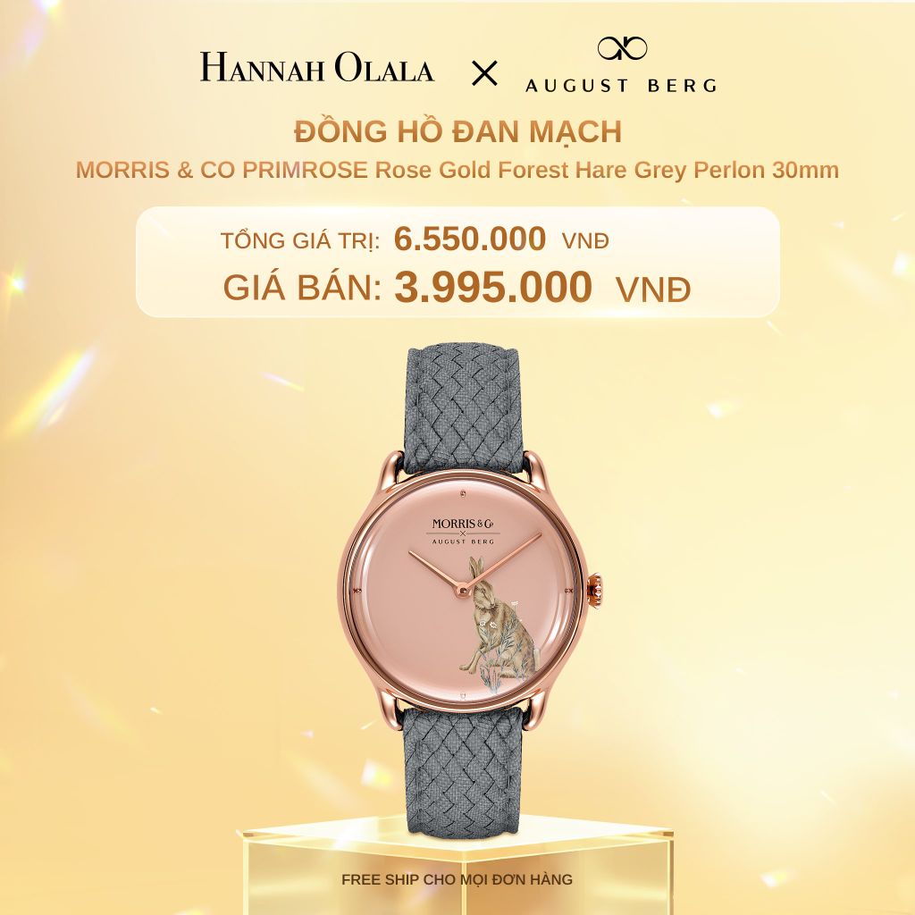  C747_DEAL 4: ĐỒNG HỒ ĐAN MẠCH AUGUST BERG x MORRIS & CO. – MẶT FOREST HARE 30MM, KHUNG MÀU VÀNG ĐỒNG, DÂY PERLON XÁM 