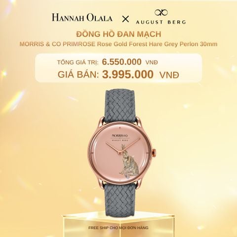  DEAL 4: ĐỒNG HỒ ĐAN MẠCH AUGUST BERG x MORRIS & CO. – MẶT FOREST HARE 30MM, KHUNG MÀU VÀNG ĐỒNG, DÂY PERLON XÁM 