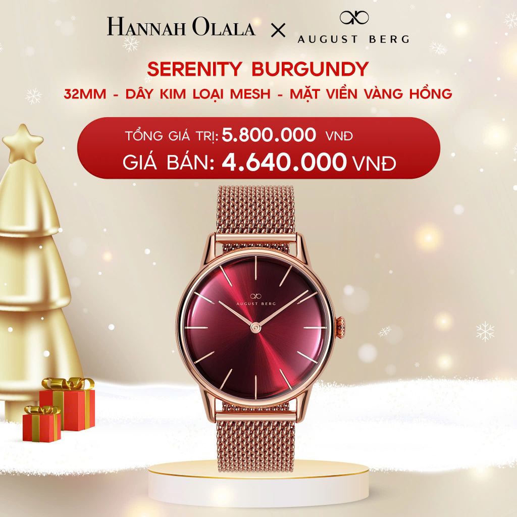  DEAL 4: ĐỒNG HỒ ĐAN MẠCH AUGUST BERG - MẶT SERENITY BURGUNDY 32 MM VIỀN VÀNG HỒNG - DÂY MESH 