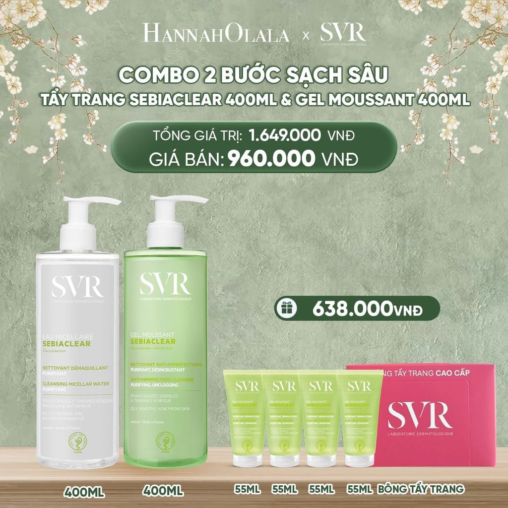  DEAL 04: COMBO SẠCH SÂU TẨY TRANG SEBIACLEAR EAU MICELLAIRE 400ML VÀ GEL MOUSSANT 400ML 