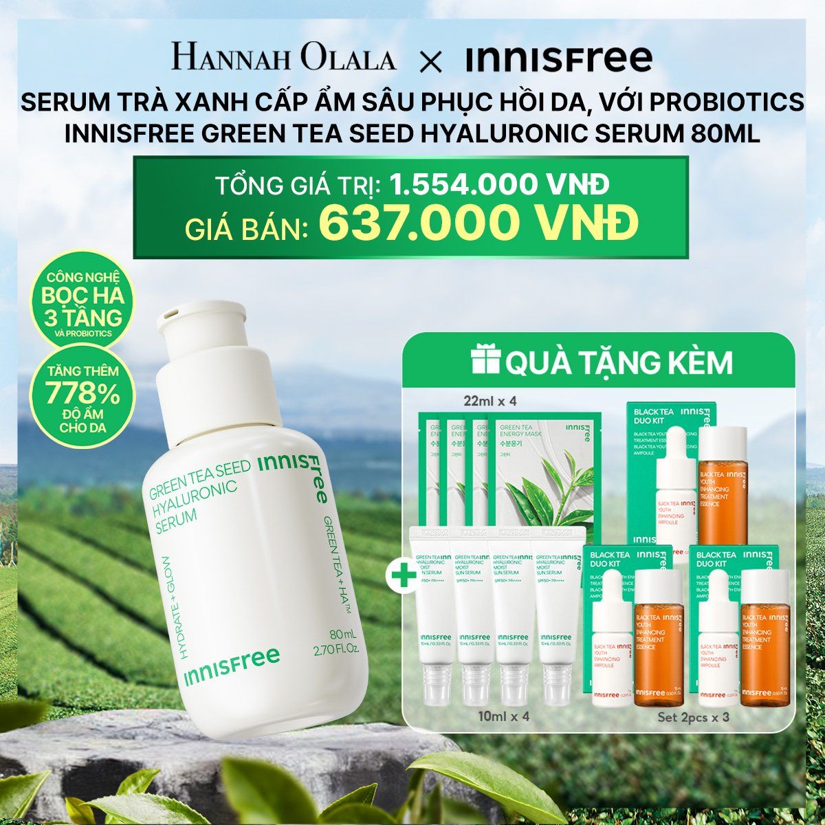  DEAL 4: SERUM TRÀ XANH CẤP ẨM SÂU PHỤC HỒI DA, VỚI PROBIOTICS INNISFREE GREEN TEA SEED HYALURONIC SERUM 80ML 