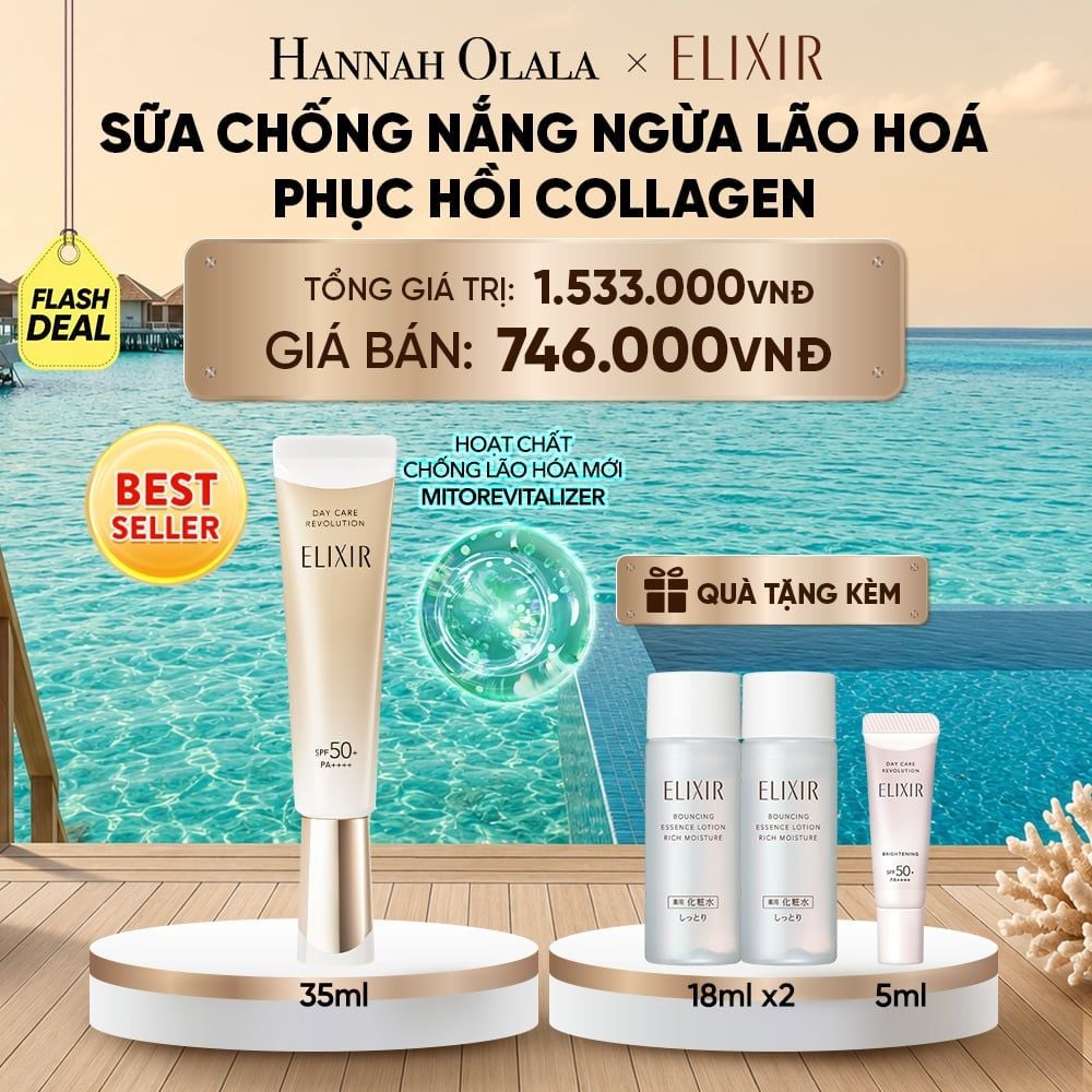  [THẾ HỆ MỚI] KEM CHỐNG NẮNG DẠNG SỮA PHỤC HỒI COLLAGEN TỪ CẤP ĐỘ TẾ BÀO ELIXIR DAY CARE REVOLUTION SPF50+ 35ML - DEAL 4_ D2184 