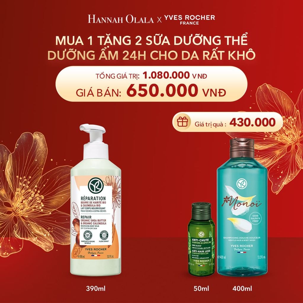  DEAL 7: MUA 1 TẶNG 2 SỮA DƯỠNG THỂ DƯỠNG ẨM 24H CHO DA RẤT KHÔ TẶNG SỮA TẮM HƯƠNG HOA TIARÉ MONOI + MINI DẦU GỘI GIẢM TÓC GÃY RỤNG 