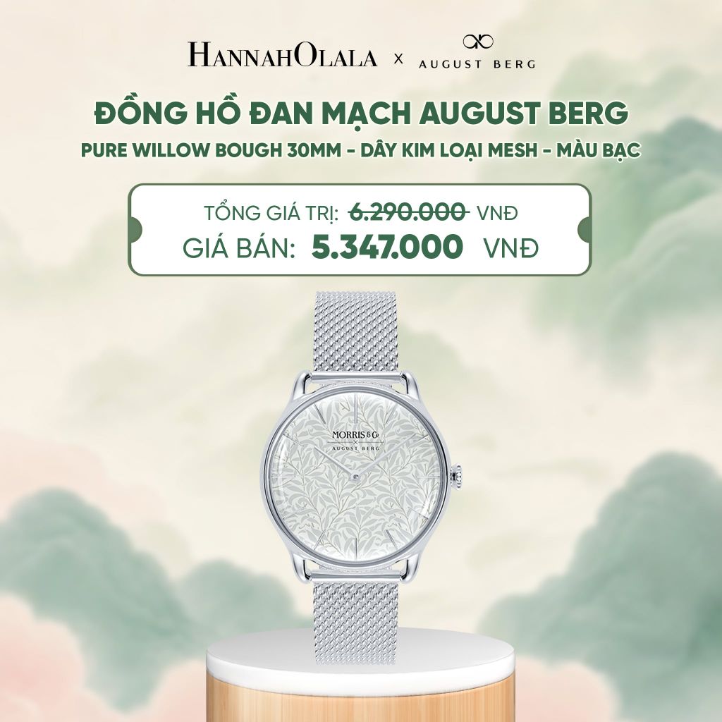  ĐỒNG HỒ ĐAN MẠCH AUGUST BERG X MORRIS & CO. PURE WILLOW BOUGH 30MM - DÂY KIM LOẠI MESH - MÀU BẠC - DEAL 4 - A1808 