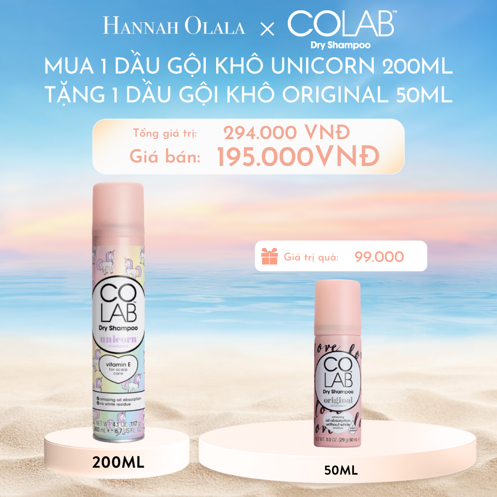  C655_DEAL 2: MUA 1 DẦU GỘI KHÔ COLAB BỔ SUNG VITAMIN E, BẢO VỆ DA ĐẦU HƯƠNG NGỌT DỊU, THANH MÁT [UNICORN] 200ML TẶNG 1 DẦU GỘI KHÔ COLAB BỔ SUNG VITAMIN E, BẢO VỆ DA ĐẦU [TRUYỀN THỐNG] 50ML 