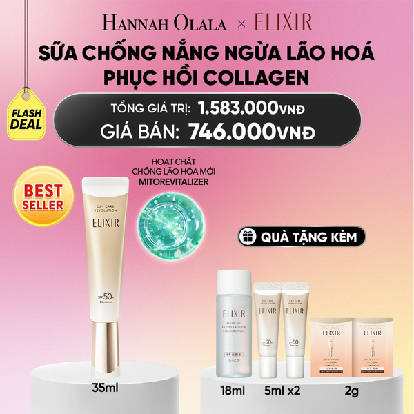  [THẾ HỆ MỚI] KEM CHỐNG NẮNG DẠNG SỮA PHỤC HỒI COLLAGEN TỪ CẤP ĐỘ TẾ BÀO ELIXIR DAY CARE REVOLUTION SPF50+ 35ML - DEAL 4_ A1647 