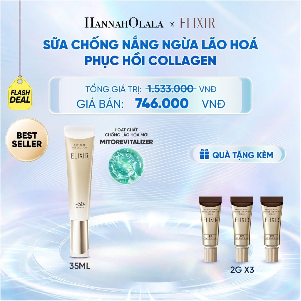  [THẾ HỆ MỚI] KEM CHỐNG NẮNG DẠNG SỮA PHỤC HỒI COLLAGEN TỪ CẤP ĐỘ TẾ BÀO ELIXIR DAY CARE REVOLUTION SPF50+ 35ML - DEAL 4 - C92 