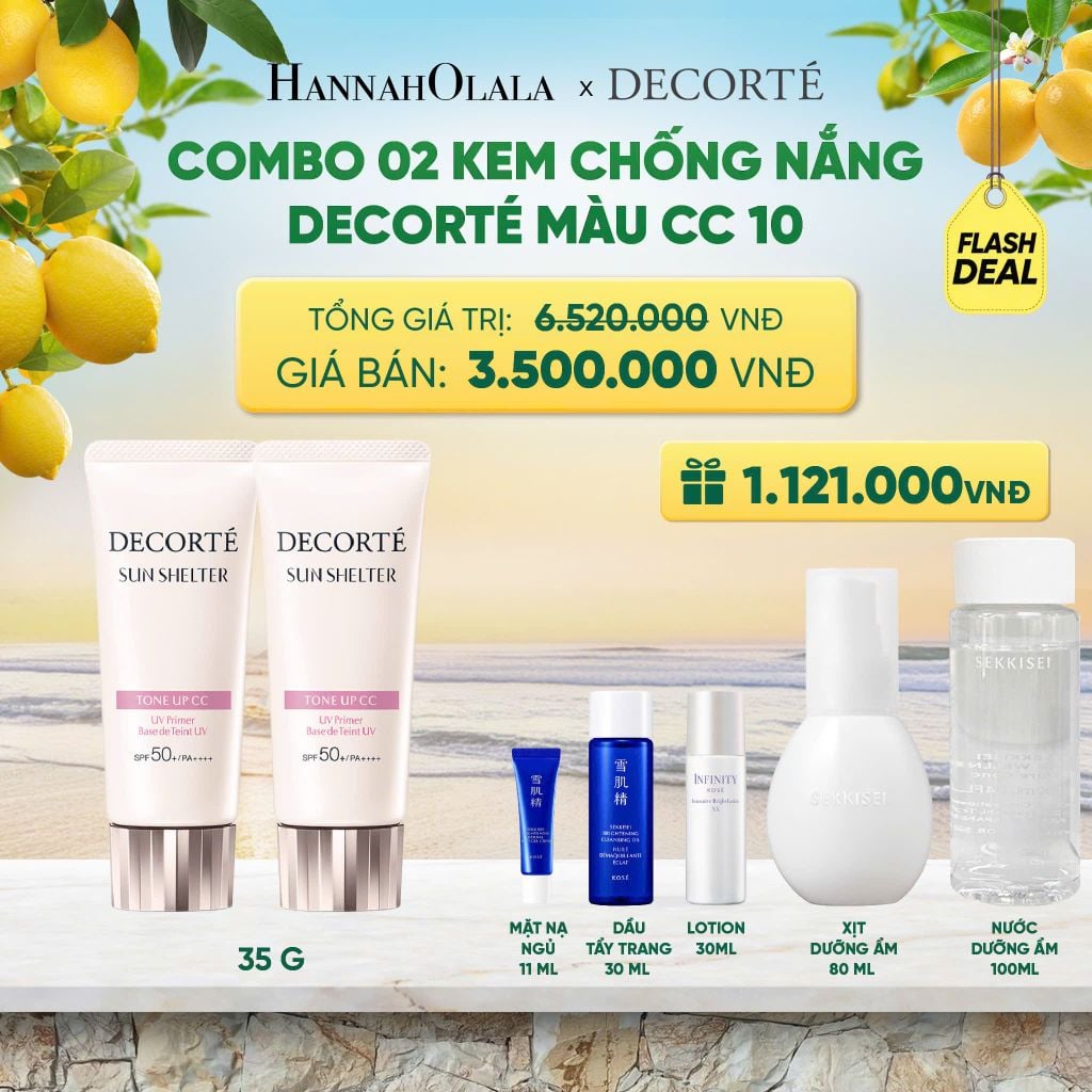  [FLASH DEAL 4]: COMBO 02 KEM CHỐNG NẮNG HIỆU CHỈNH TONE DA DECORTÉ SUN SHELTER 