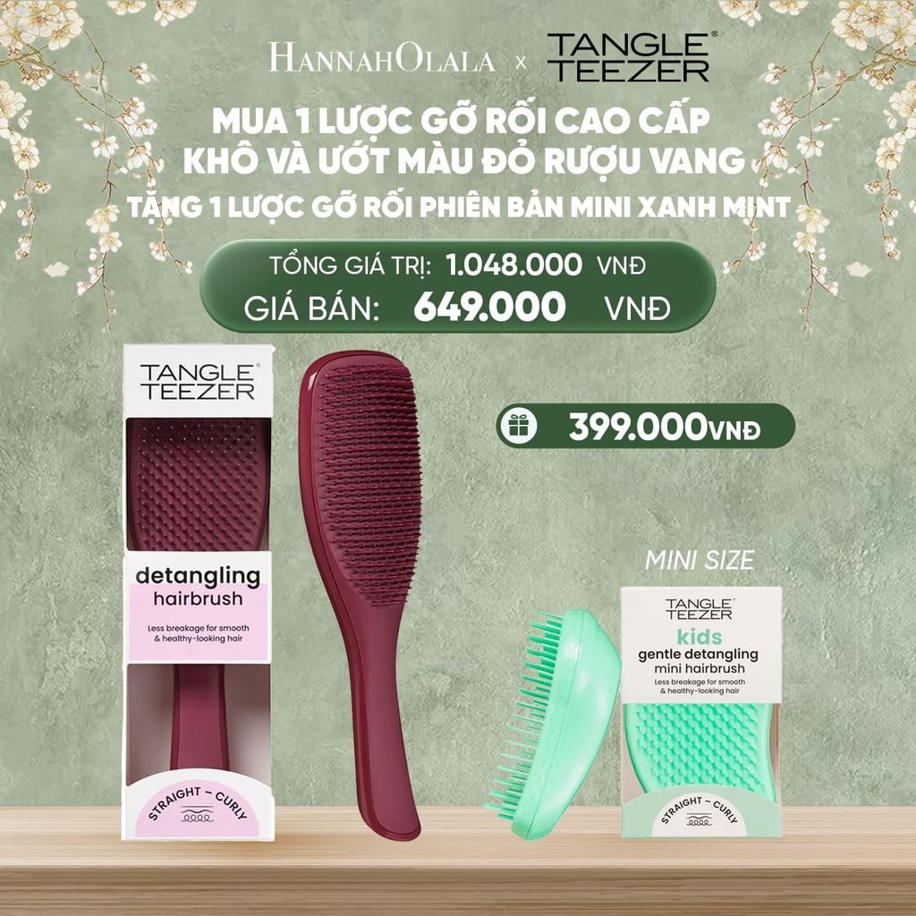  DEAL 4: MUA 1 LƯỢC GỠ RỐI TÓC KHÔ VÀ ƯỚT MÀU ĐỎ RƯỢU VANG TẶNG 1 LƯỢC GỠ RỐI TÓC ƯỚT NGUYÊN BẢN MINI MÀU XANH MINT 