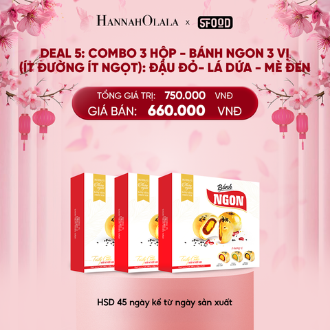 DEAL 5: COMBO 3 HỘP - BÁNH NGON 3 VỊ (ÍT ĐƯỜNG ÍT NGỌT): ĐẬU ĐỎ- LÁ DỨA - MÈ ĐEN 