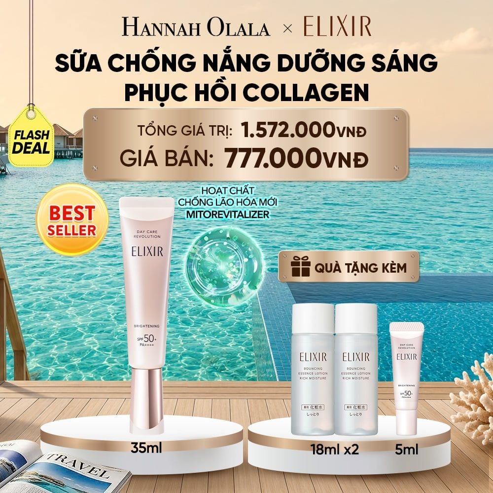  [THẾ HỆ MỚI] KEM CHỐNG NẮNG DẠNG SỮA DƯỠNG SÁNG PHỤC HỒI COLLAGEN TỪ CẤP ĐỘ TẾ BÀO ELIXIR DAY CARE REVOLUTION SPF50+ 35ML - DEAL 5_ D2185 