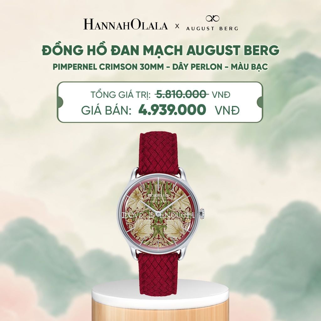  ĐỒNG HỒ ĐAN MẠCH AUGUST BERG X MORRIS & CO. PIMPERNEL CRIMSON 30MM - DÂY PERLON - MÀU BẠC - DEAL 5 - A1809 