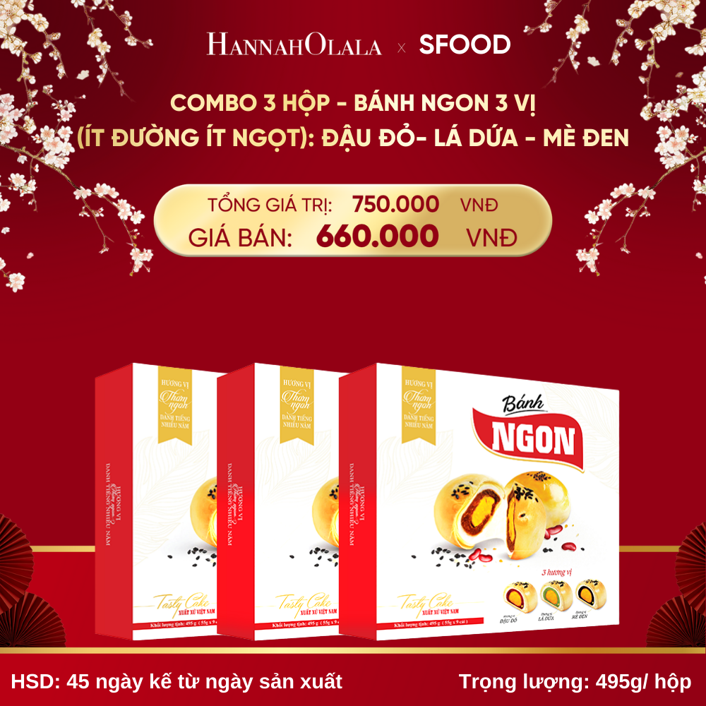  DEAL 5: COMBO 3 HỘP - BÁNH NGON 3 VỊ (ÍT ĐƯỜNG ÍT NGỌT): ĐẬU ĐỎ- LÁ DỨA - MÈ ĐEN 