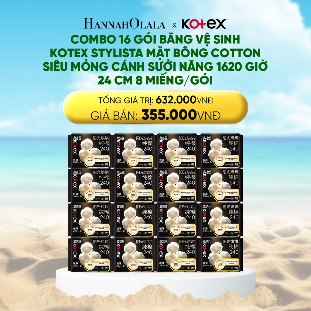  DEAL 5: COMBO 16 GÓI BĂNG VỆ SINH KOTEX STYLISTA MẶT BÔNG COTTON SIÊU MỎNG CÁNH SƯỞI NĂNG 1620 GIỜ 24CM 8 MIẾNG/GÓI 