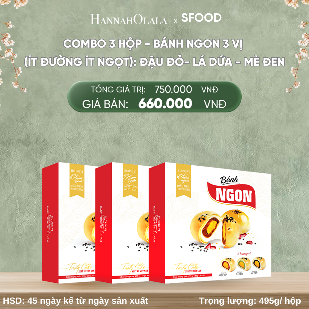  DEAL 5: COMBO 3 HỘP - BÁNH NGON 3 VỊ (ÍT ĐƯỜNG ÍT NGỌT): ĐẬU ĐỎ- LÁ DỨA - MÈ ĐEN 
