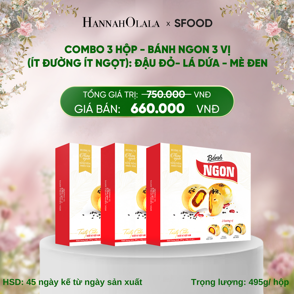  E452_DEAL 5: COMBO 3 HỘP - BÁNH NGON 3 VỊ (ÍT ĐƯỜNG ÍT NGỌT): ĐẬU ĐỎ- LÁ DỨA - MÈ ĐEN 