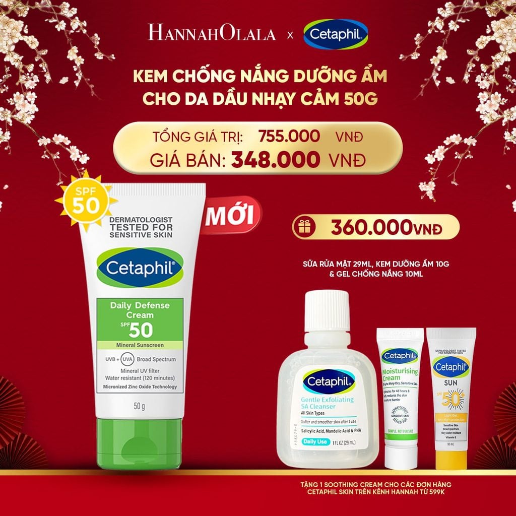  DEAL 5: KEM CHỐNG NẮNG DƯỠNG ẨM 2IN1 CHO DA DẦU NHẠY CẢM CETAPHIL DAILY DEFENSE CREAM SPF50 50G 