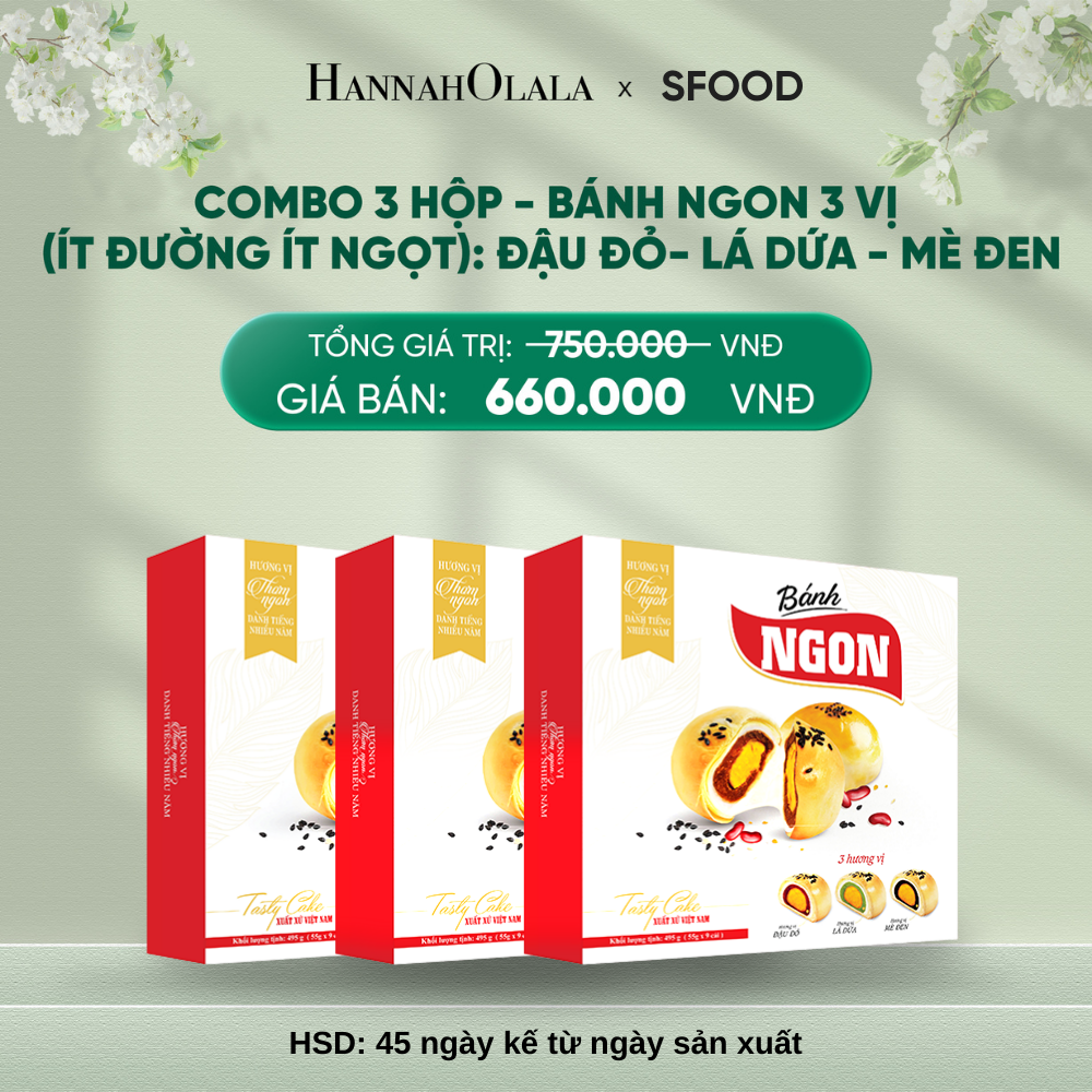  DEAL 5: COMBO 3 HỘP - BÁNH NGON 3 VỊ (ÍT ĐƯỜNG ÍT NGỌT): ĐẬU ĐỎ- LÁ DỨA - MÈ ĐEN 