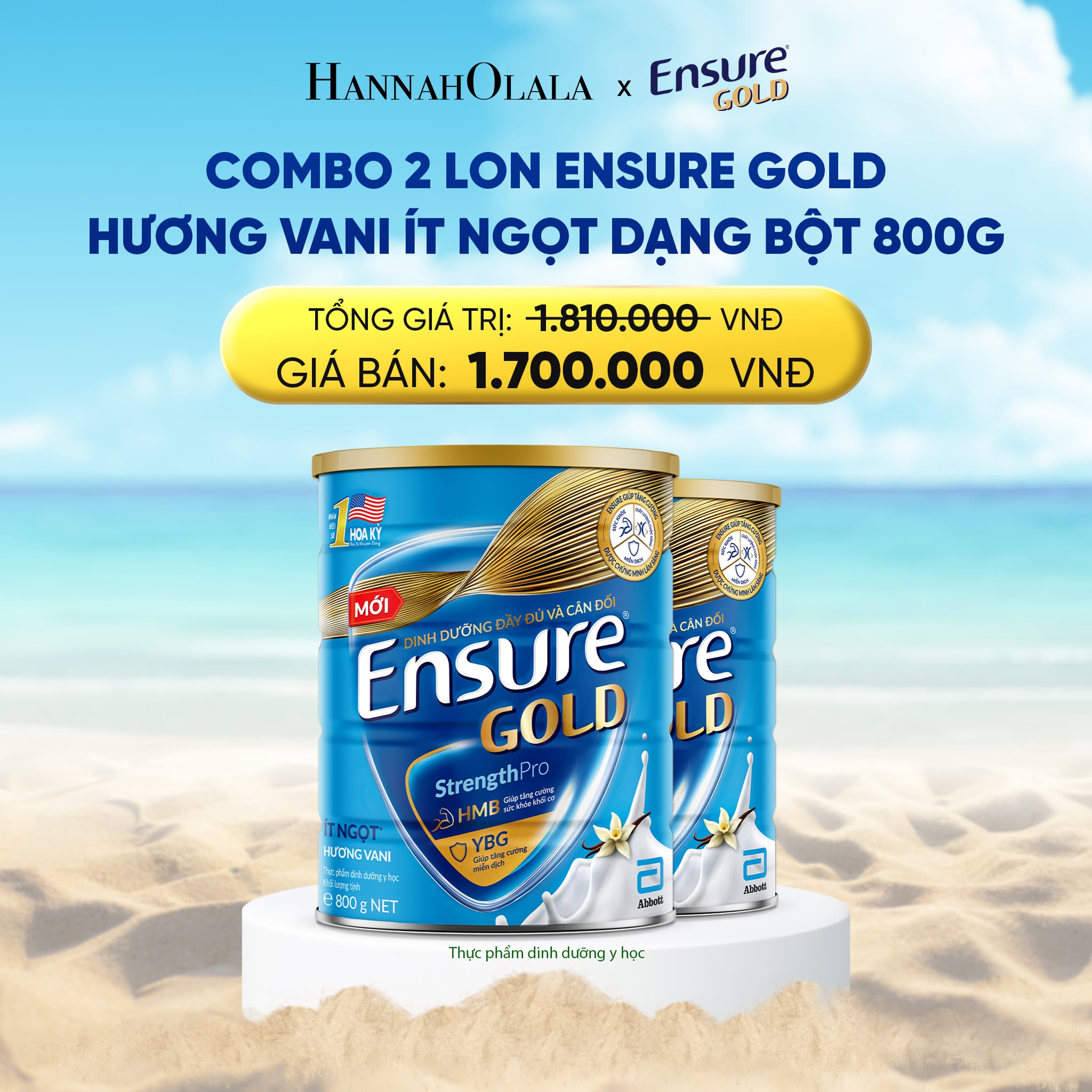 Sữa Bột Ensure Gold 800g Hương Vani Ít Ngọt