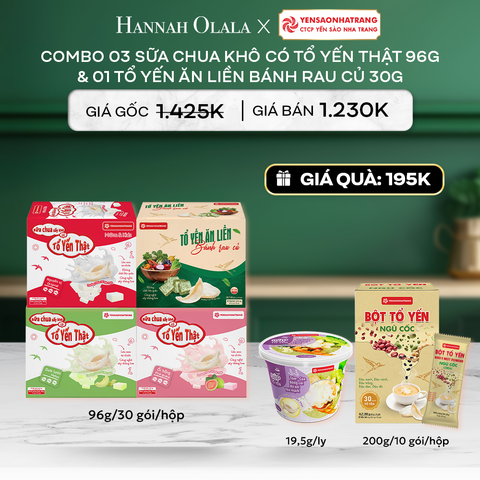  DEAL 5: COMBO 03 SỮA CHUA KHÔ CÓ TỔ YẾN THẬT 96G & 01 TỔ YẾN ĂN LIỀN BÁNH RAU CỦ 30G 