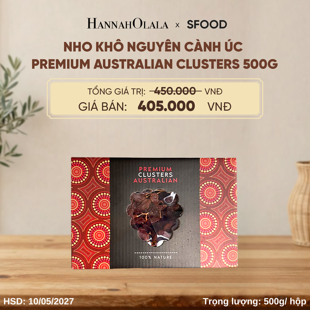  NHO KHÔ NGUYÊN CÀNH ÚC PREMIUM AUSTRALIAN CLUSTERS 500G - D180 