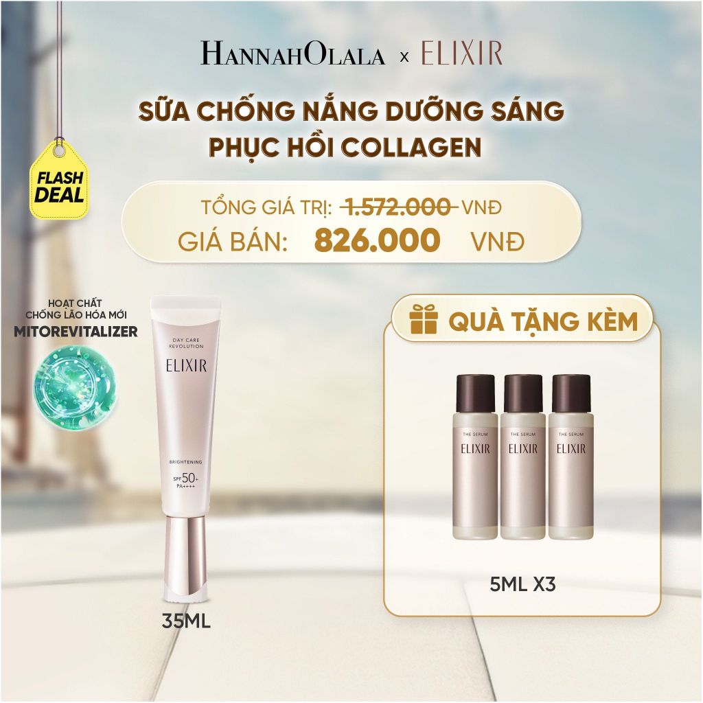  (FLASHSALE) [THẾ HỆ MỚI] KEM CHỐNG NẮNG DẠNG SỮA DƯỠNG SÁNG PHỤC HỒI COLLAGEN TỪ CẤP ĐỘ TẾ BÀO ELIXIR DAY CARE REVOLUTION SPF50+ 35ML - DEAL 5 