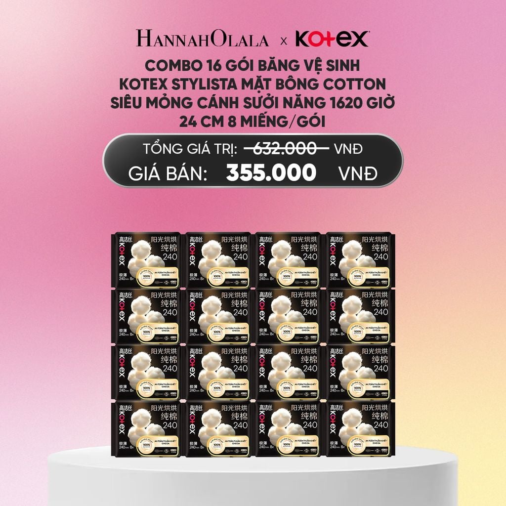  COMBO 16 GÓI BĂNG VỆ SINH KOTEX STYLISTA MẶT BÔNG COTTON SIÊU MỎNG CÁNH SƯỞI NĂNG 1620 GIỜ 24CM 8 MIẾNG/GÓI_A1320 