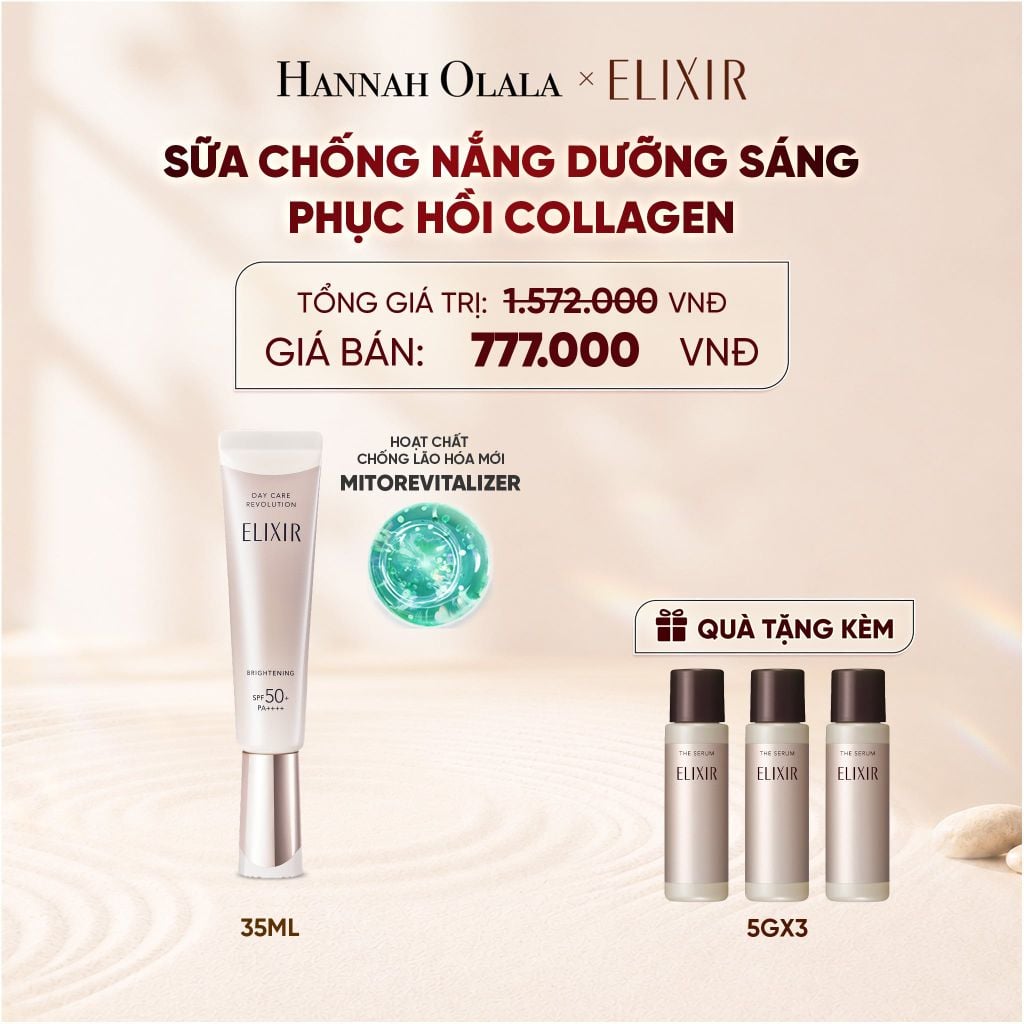  [THẾ HỆ MỚI] KEM CHỐNG NẮNG DẠNG SỮA DƯỠNG SÁNG PHỤC HỒI COLLAGEN TỪ CẤP ĐỘ TẾ BÀO ELIXIR DAY CARE REVOLUTION SPF50+ 35ML - DEAL 5 