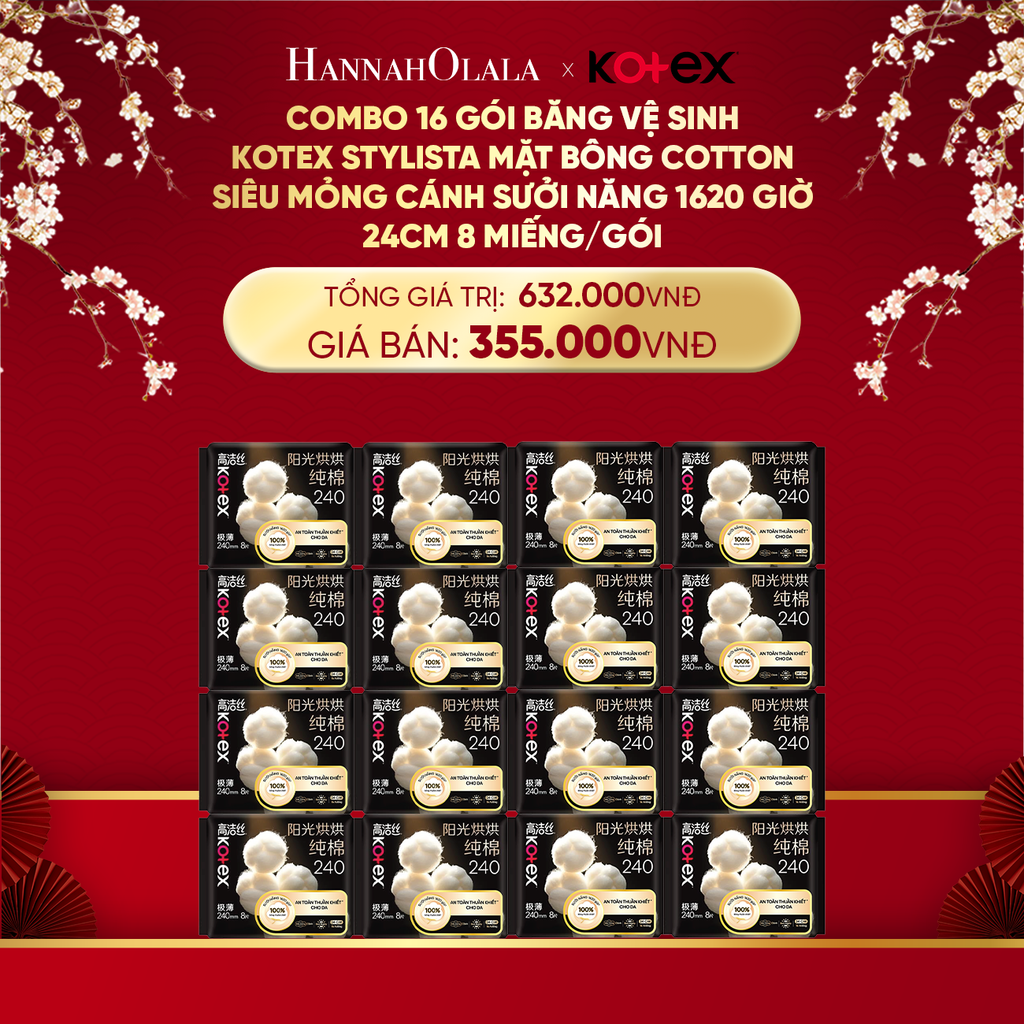  DEAL 5: COMBO 16 GÓI BĂNG VỆ SINH KOTEX STYLISTA MẶT BÔNG COTTON SIÊU MỎNG CÁNH SƯỞI NĂNG 1620 GIỜ 24CM 8 MIẾNG/GÓI 